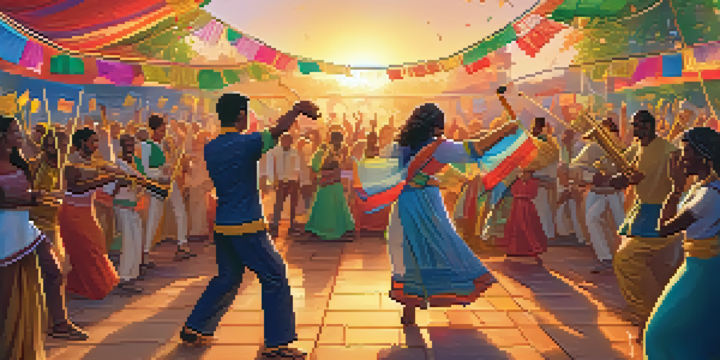 A lively festival with musicians and people of different cultures dancing together, under colorful decorations and a warm sunset.