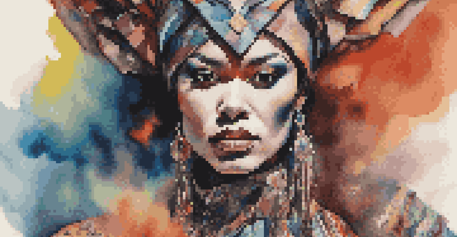 A close-up of a performer in a striking costume blending traditional and modern elements, set against a vibrant, abstract background.