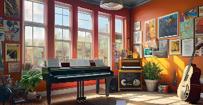 A colorful music studio with instruments, sound equipment, and posters of famous artists, illuminated by warm sunlight.