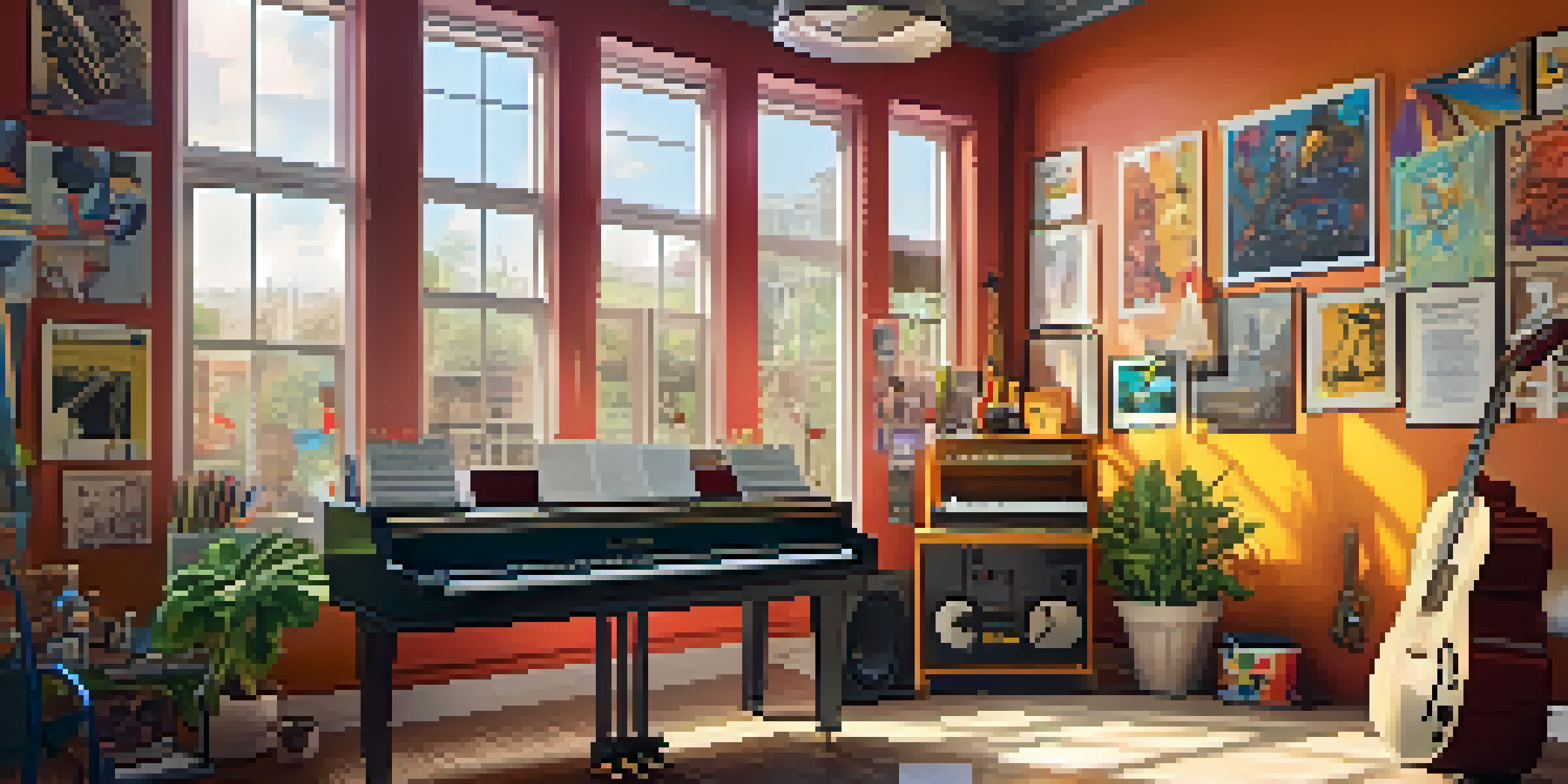A colorful music studio with instruments, sound equipment, and posters of famous artists, illuminated by warm sunlight.