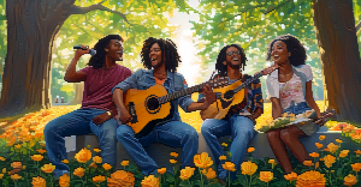 A group of activists singing together in a park, led by a guitarist, surrounded by trees and flowers, with sunlight filtering through the leaves.