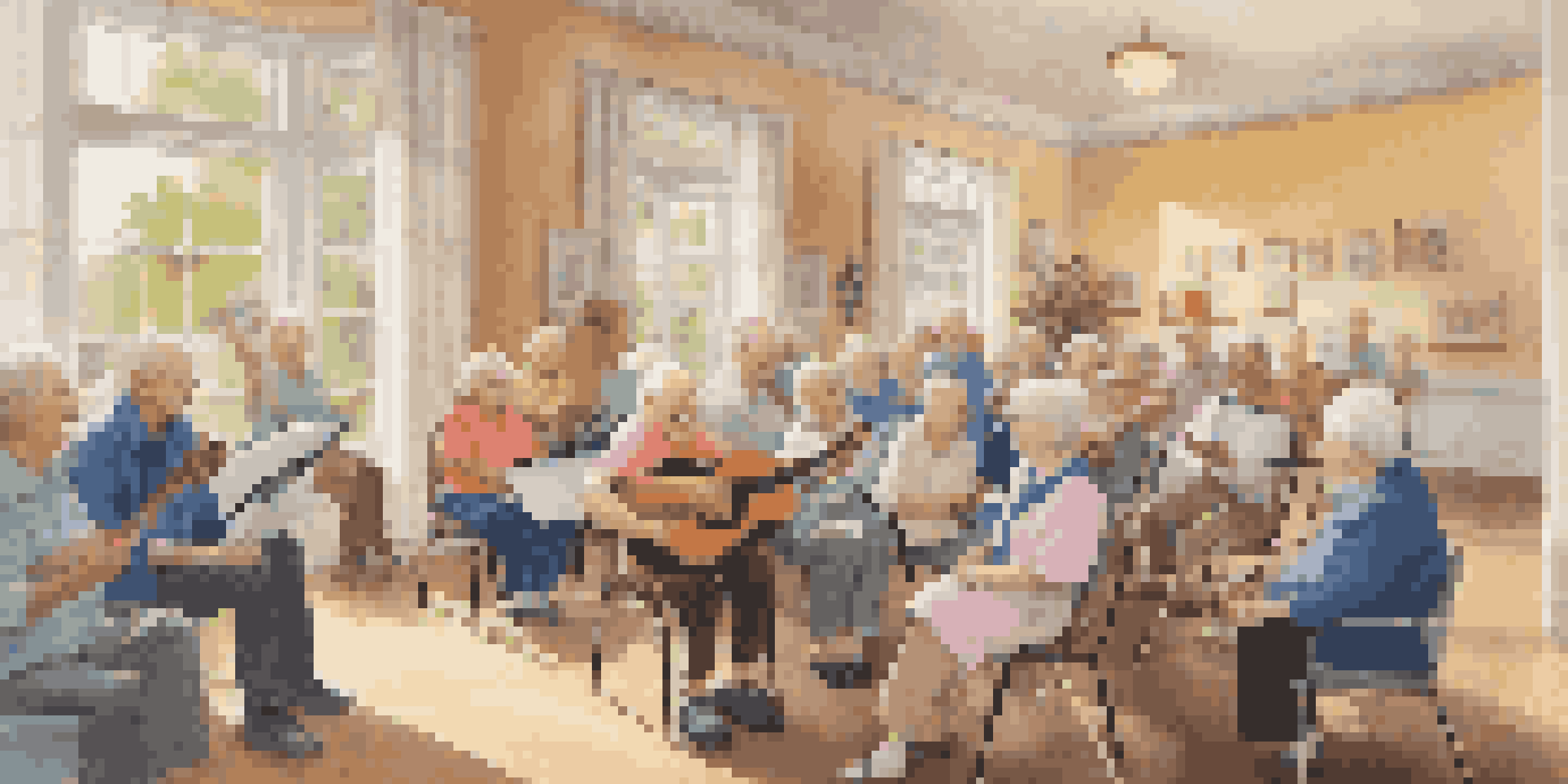 Elderly residents singing together in a care facility, with instruments and cheerful expressions, illuminated by natural light.