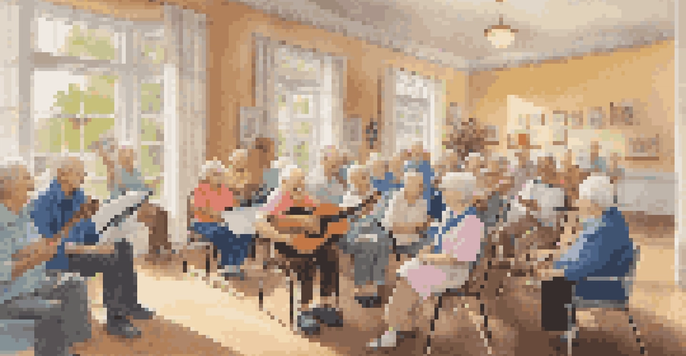 Elderly residents singing together in a care facility, with instruments and cheerful expressions, illuminated by natural light.