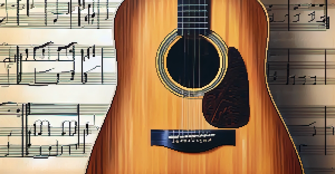 A close-up shot of an acoustic guitar in DADGAD tuning with warm lighting and a blurred background of sheet music.
