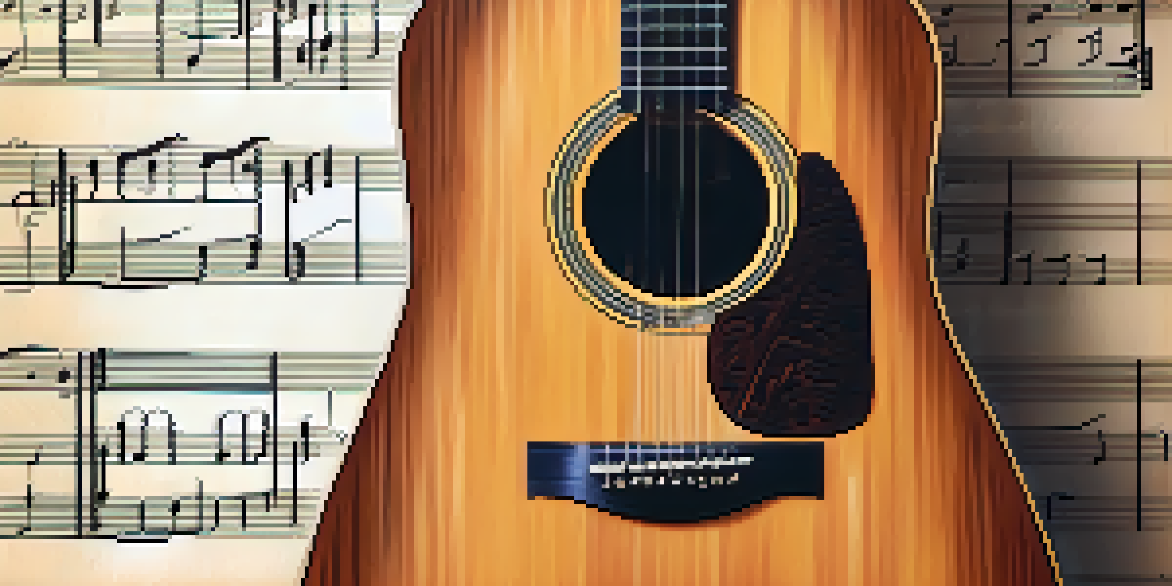 A close-up shot of an acoustic guitar in DADGAD tuning with warm lighting and a blurred background of sheet music.