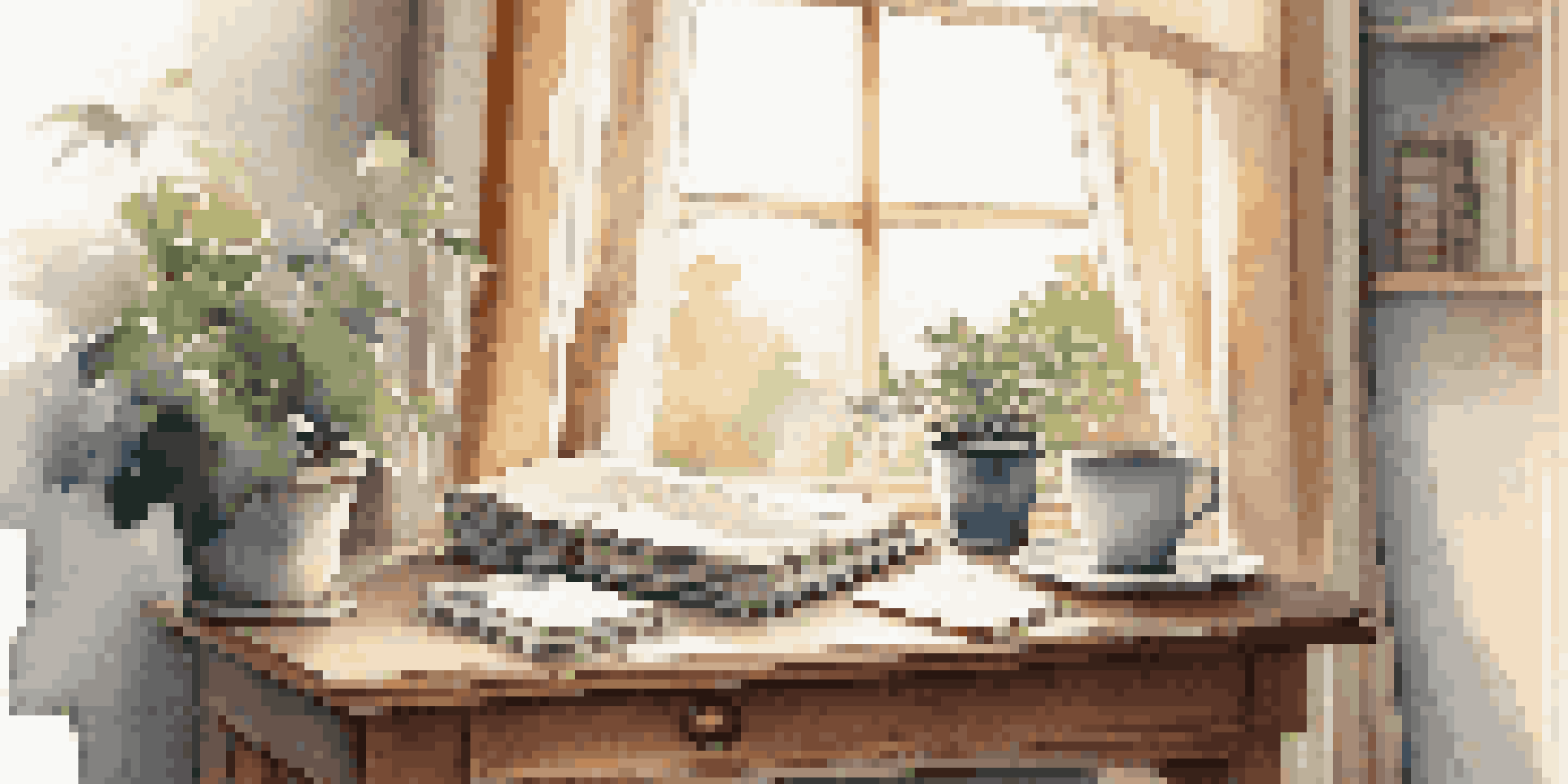 A cozy workspace with a desk by a window, sunlight streaming in, a notebook, a cup of tea, and a potted plant.