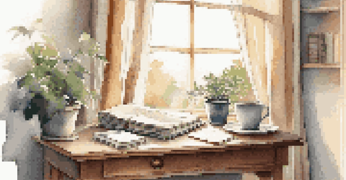 A cozy workspace with a desk by a window, sunlight streaming in, a notebook, a cup of tea, and a potted plant.