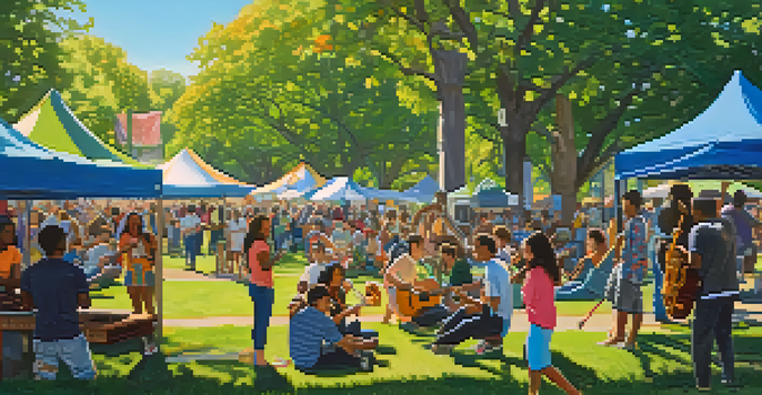 A group of young people enjoying a park, playing musical instruments under a sunny sky, with colorful festival banners in the background.