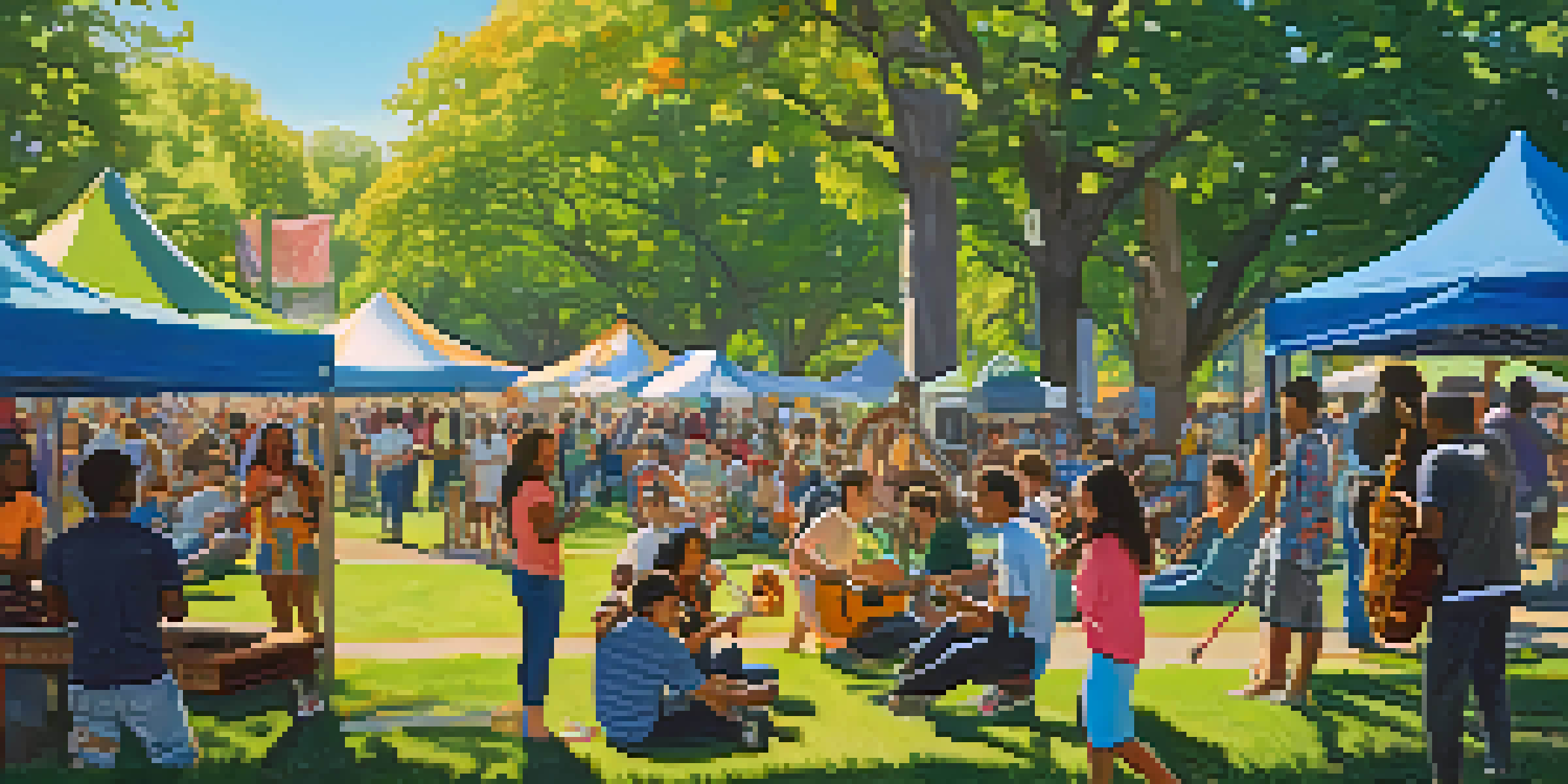 A group of young people enjoying a park, playing musical instruments under a sunny sky, with colorful festival banners in the background.