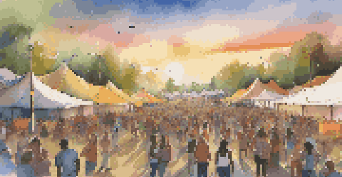 A lively outdoor music festival with colorful tents and a diverse crowd, promoting eco-friendly practices.