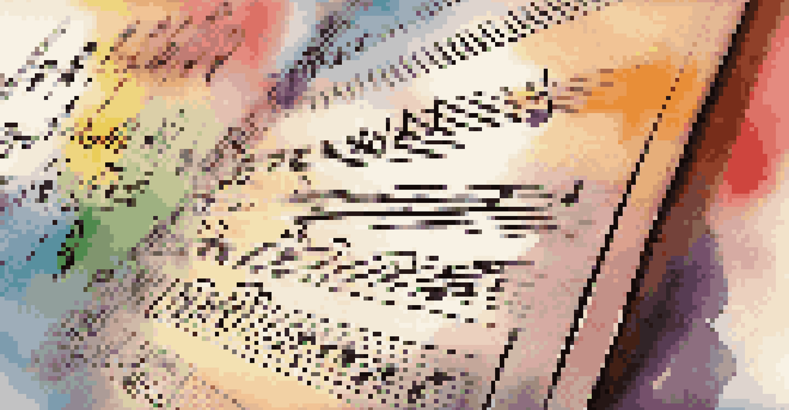 A close-up view of color-coded sheet music on a music stand, surrounded by soft lighting, highlighting visual aids used in music education.