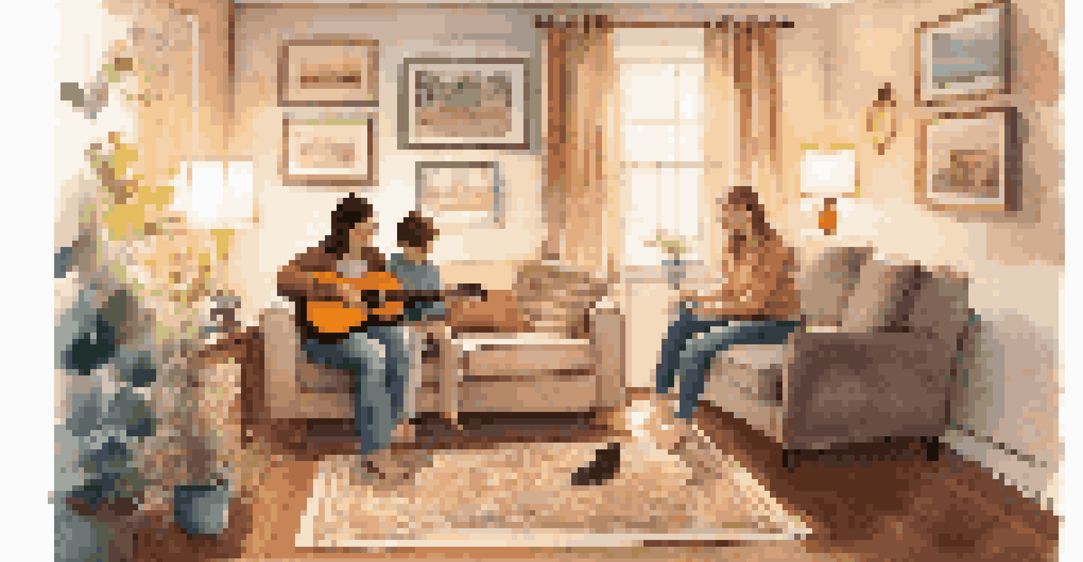 A parent teaching a child to play guitar in a cozy living room filled with warm light and family photos.