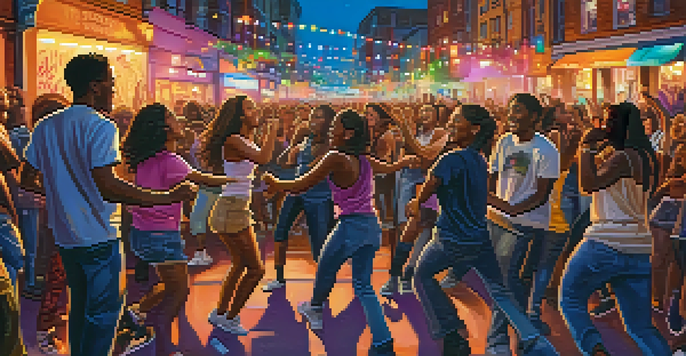 A lively urban street filled with diverse young people at a live music event, with colorful lights and graffiti art in the background.