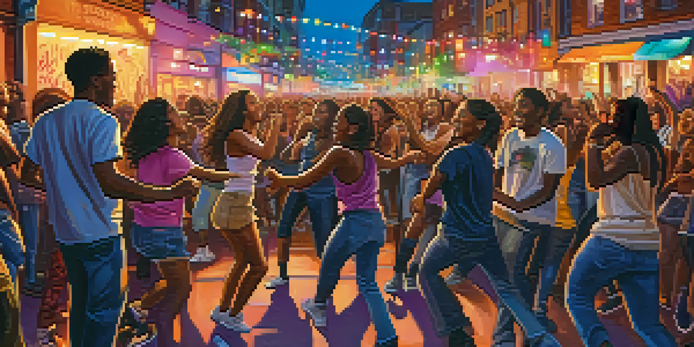 A lively urban street filled with diverse young people at a live music event, with colorful lights and graffiti art in the background.