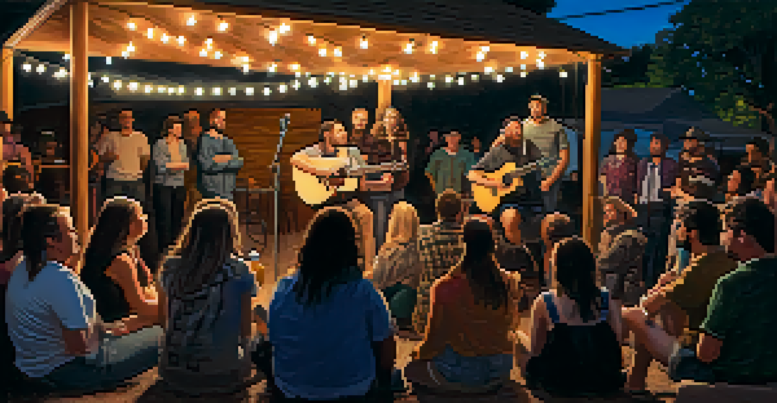 An outdoor open mic night with an artist performing under string lights, surrounded by an engaged audience.