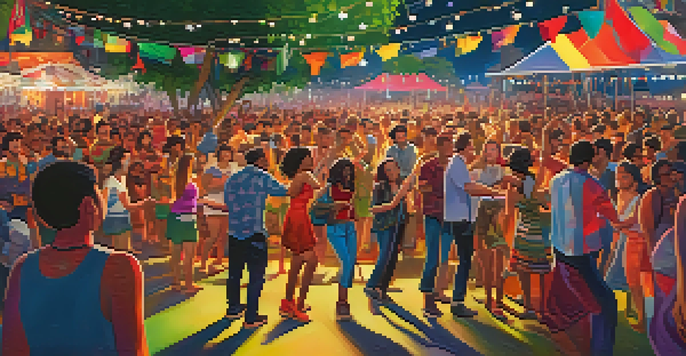 A lively music festival with a diverse crowd enjoying performances under colorful lights, surrounded by greenery and flags.