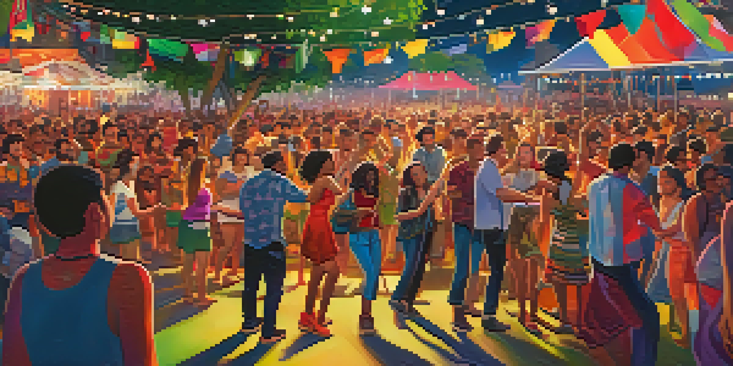 A lively music festival with a diverse crowd enjoying performances under colorful lights, surrounded by greenery and flags.