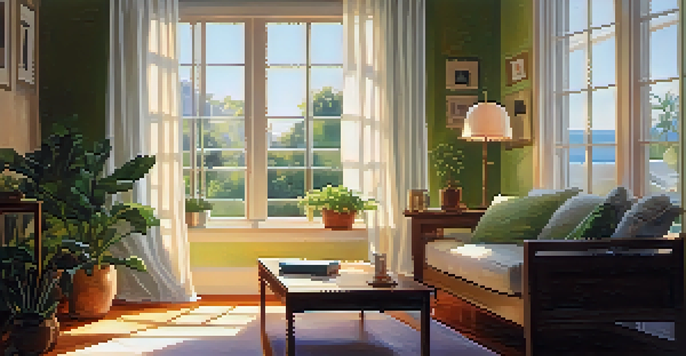 A patient relaxing on a sofa with headphones, listening to calming music in a warmly lit room with plants and sunlight filtering through curtains.