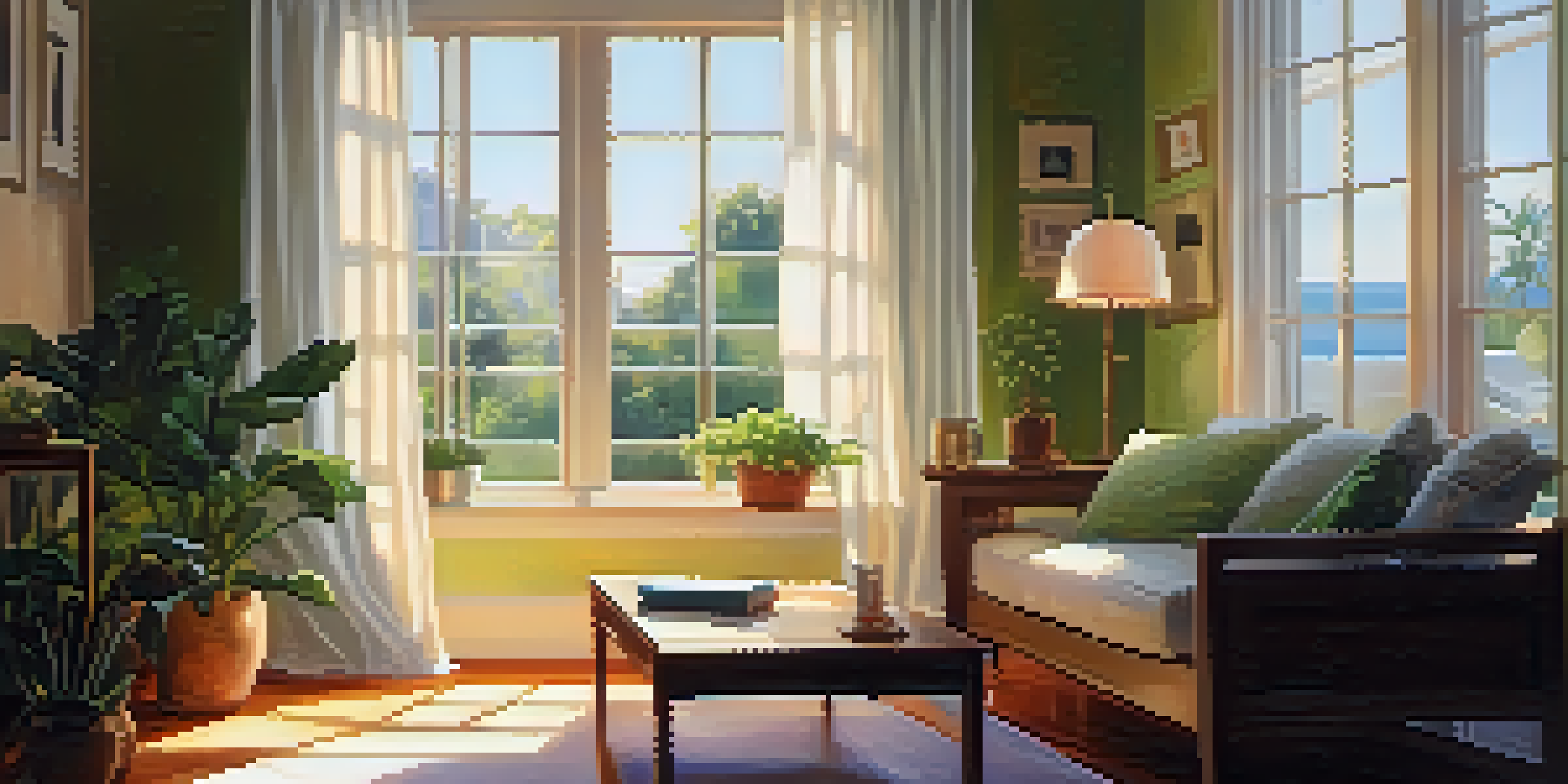 A patient relaxing on a sofa with headphones, listening to calming music in a warmly lit room with plants and sunlight filtering through curtains.