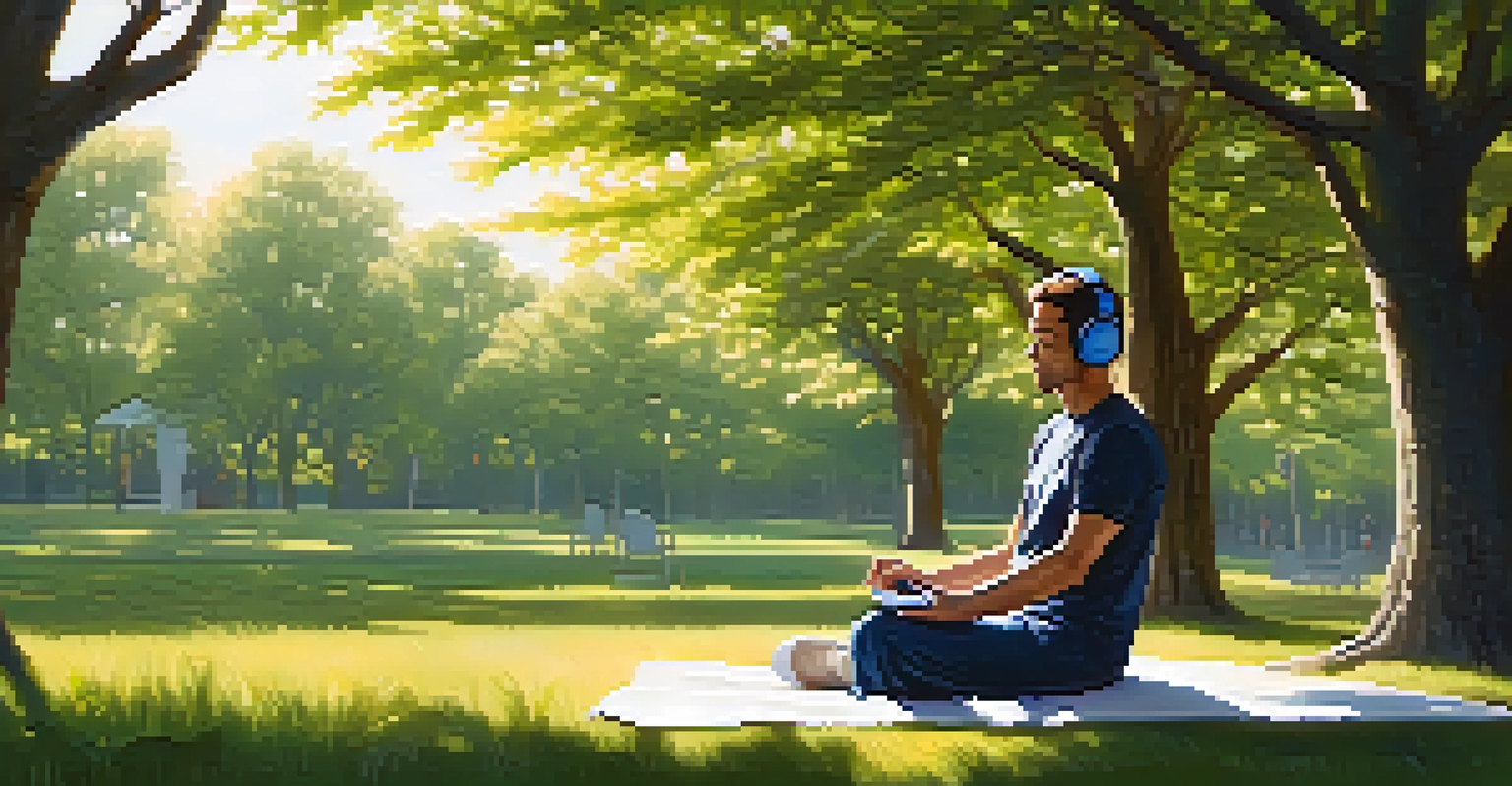 A person meditating outdoors with headphones, surrounded by trees and sunlight, embodying mindfulness and relaxation.