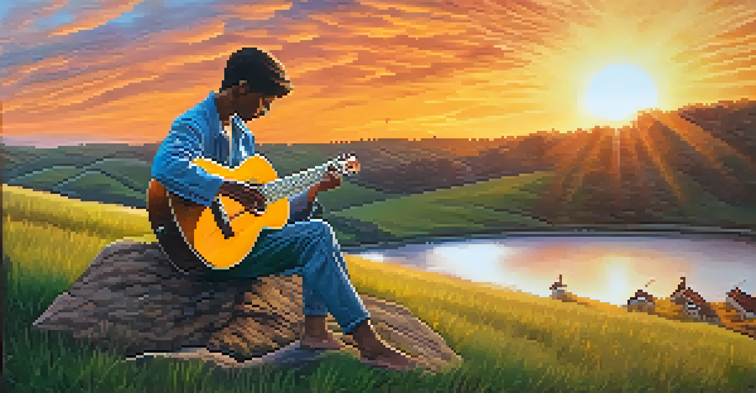 A musician playing guitar on a hill at sunset, with musical notes rising into a colorful sky.