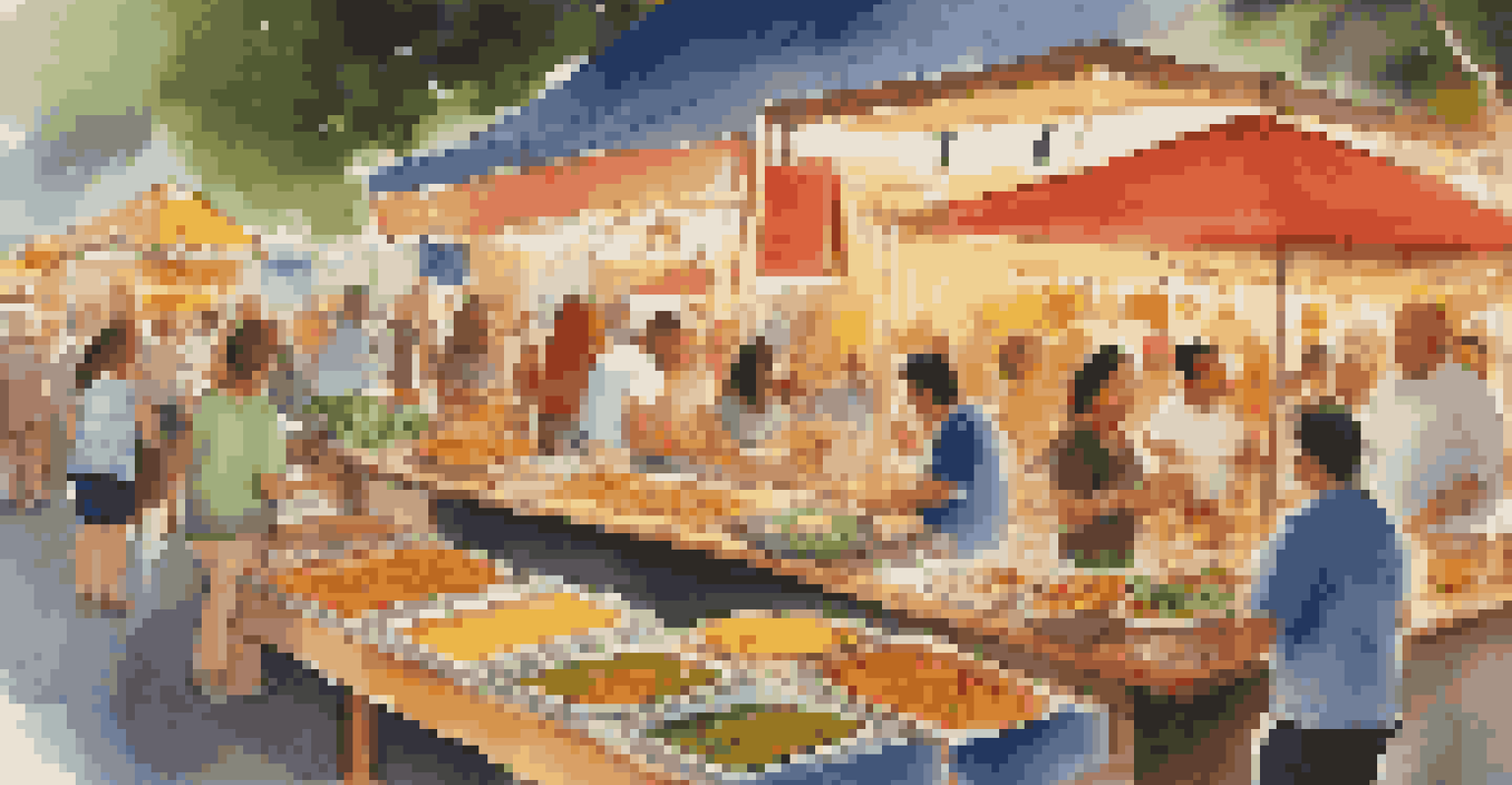 A close-up of a food stall at a festival, showcasing a variety of international dishes like Thai curry and Mexican tacos.