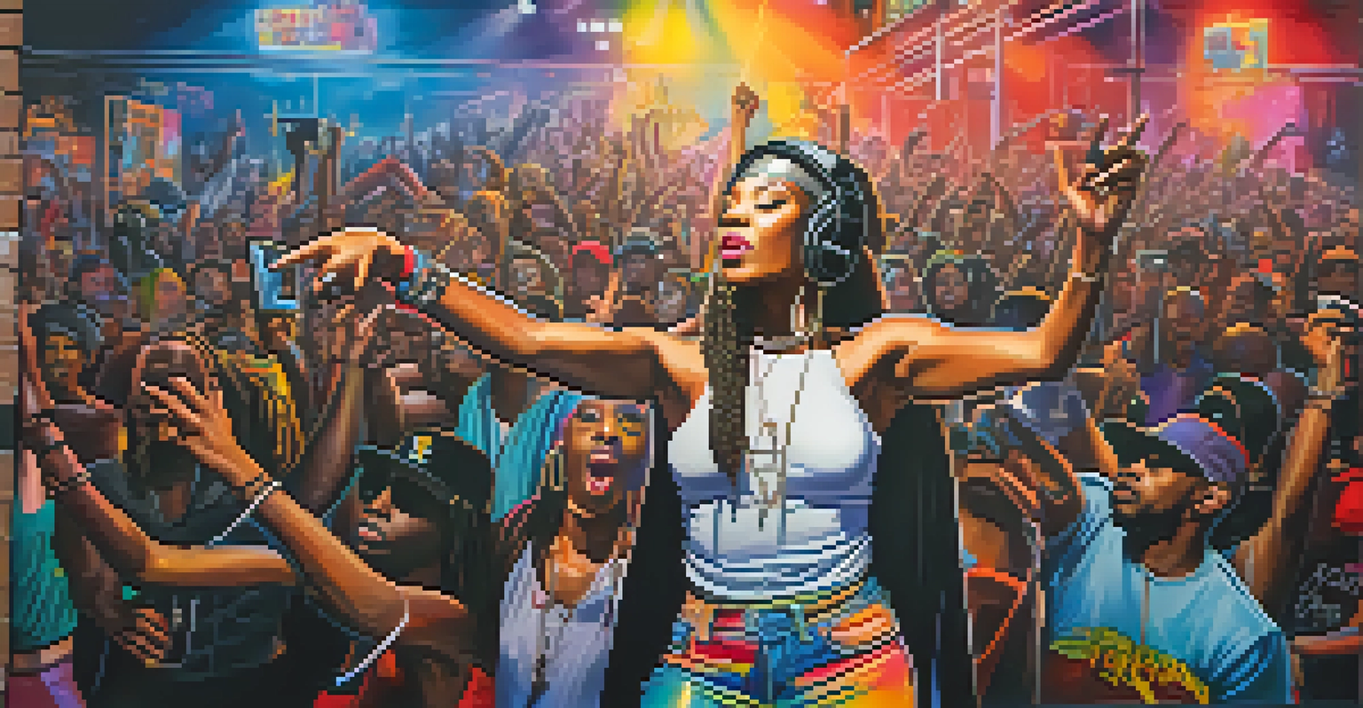 A female rapper performing on stage with vibrant lights and an engaged audience.