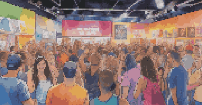 A lively concert scene where fans are customizing their own merchandise, with colorful items and a bright stage in the background.