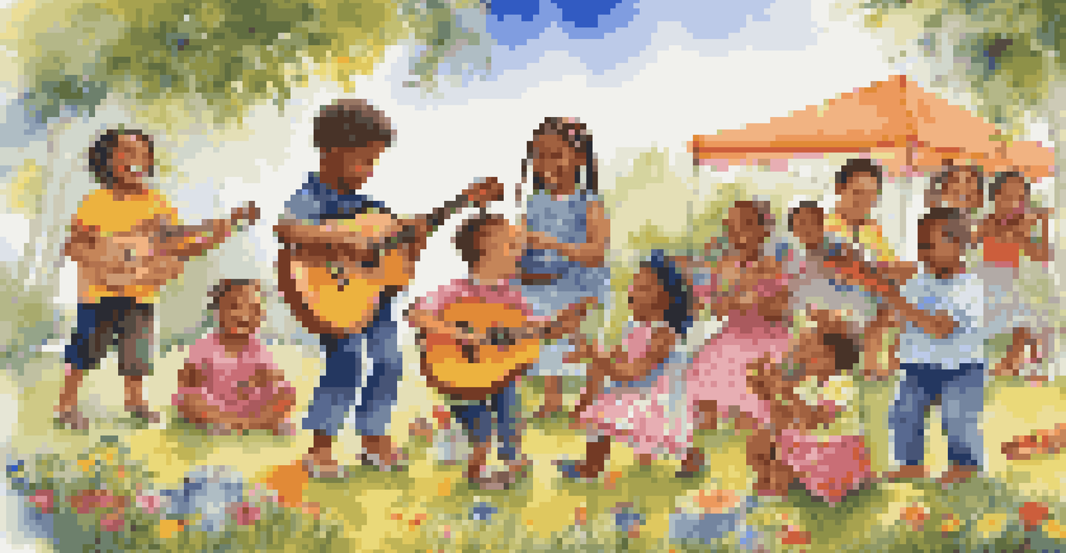 Children joyfully learning through music in an outdoor setting, with colorful instruments.