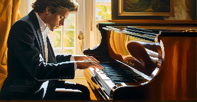 A musician playing a grand piano with sunlight illuminating the scene, highlighting the emotion in their performance.