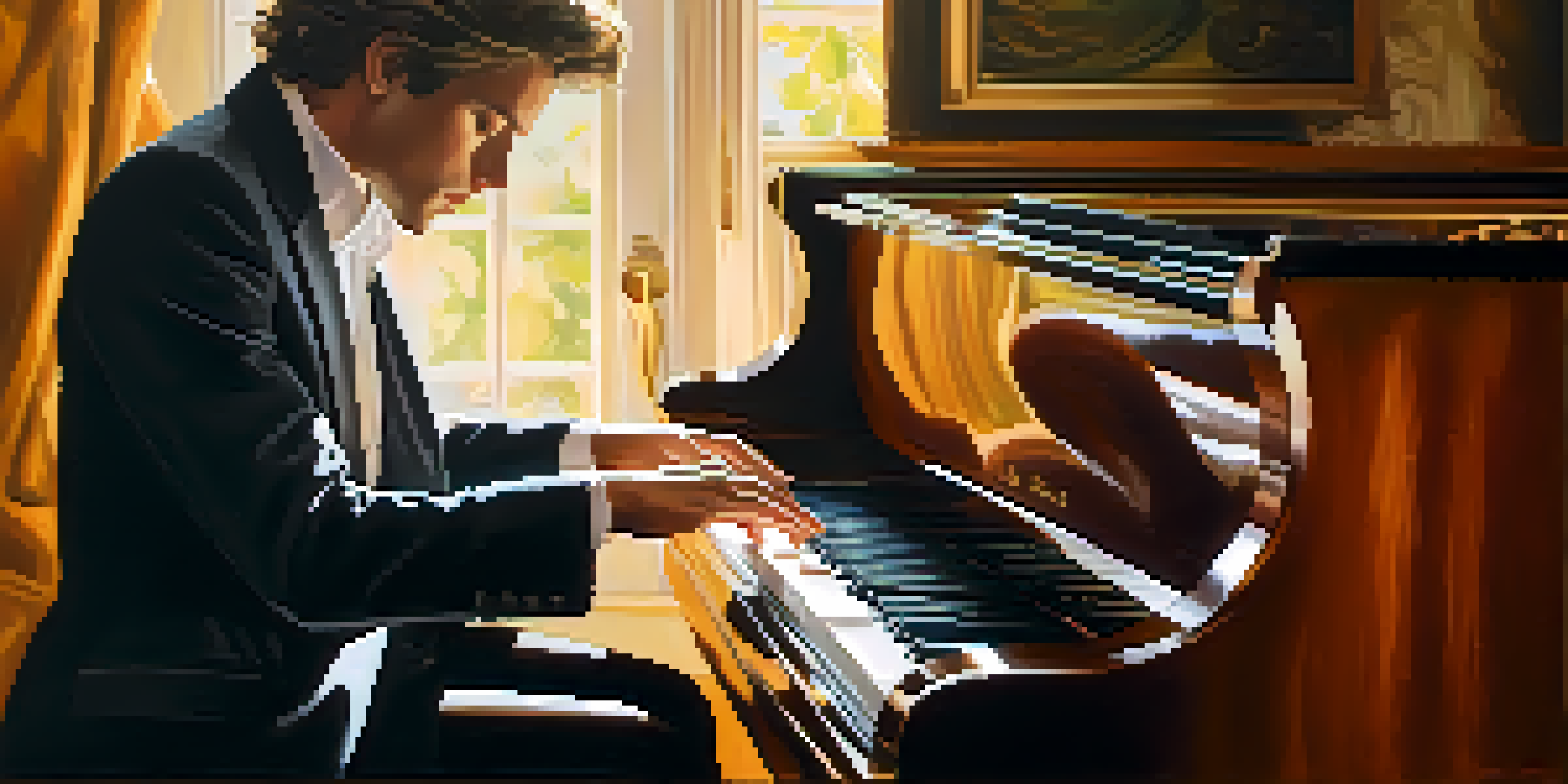 A musician playing a grand piano with sunlight illuminating the scene, highlighting the emotion in their performance.