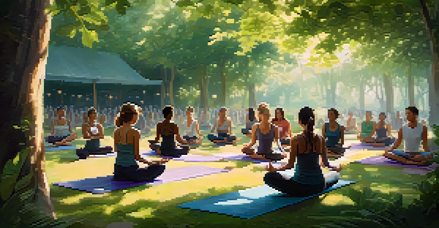 A peaceful yoga workshop at a music festival, with participants practicing mindfulness in a tranquil green setting.
