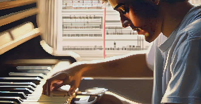 A musician practicing ear training on a guitar, focused on their sheet music and notepad, with soft warm lighting.