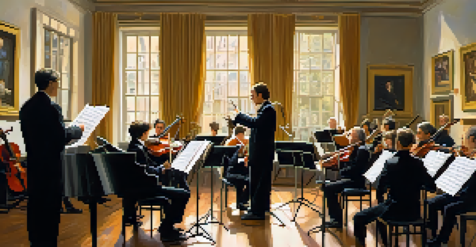 A conductor working closely with musicians during a rehearsal, with natural light illuminating the intimate setting filled with musical notes.