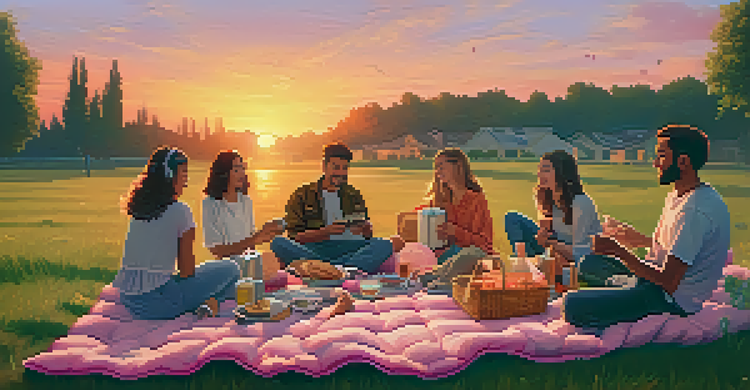 An outdoor picnic during sunset with a blanket on the grass, friends enjoying music from a portable speaker, and a beautiful sky in the background.