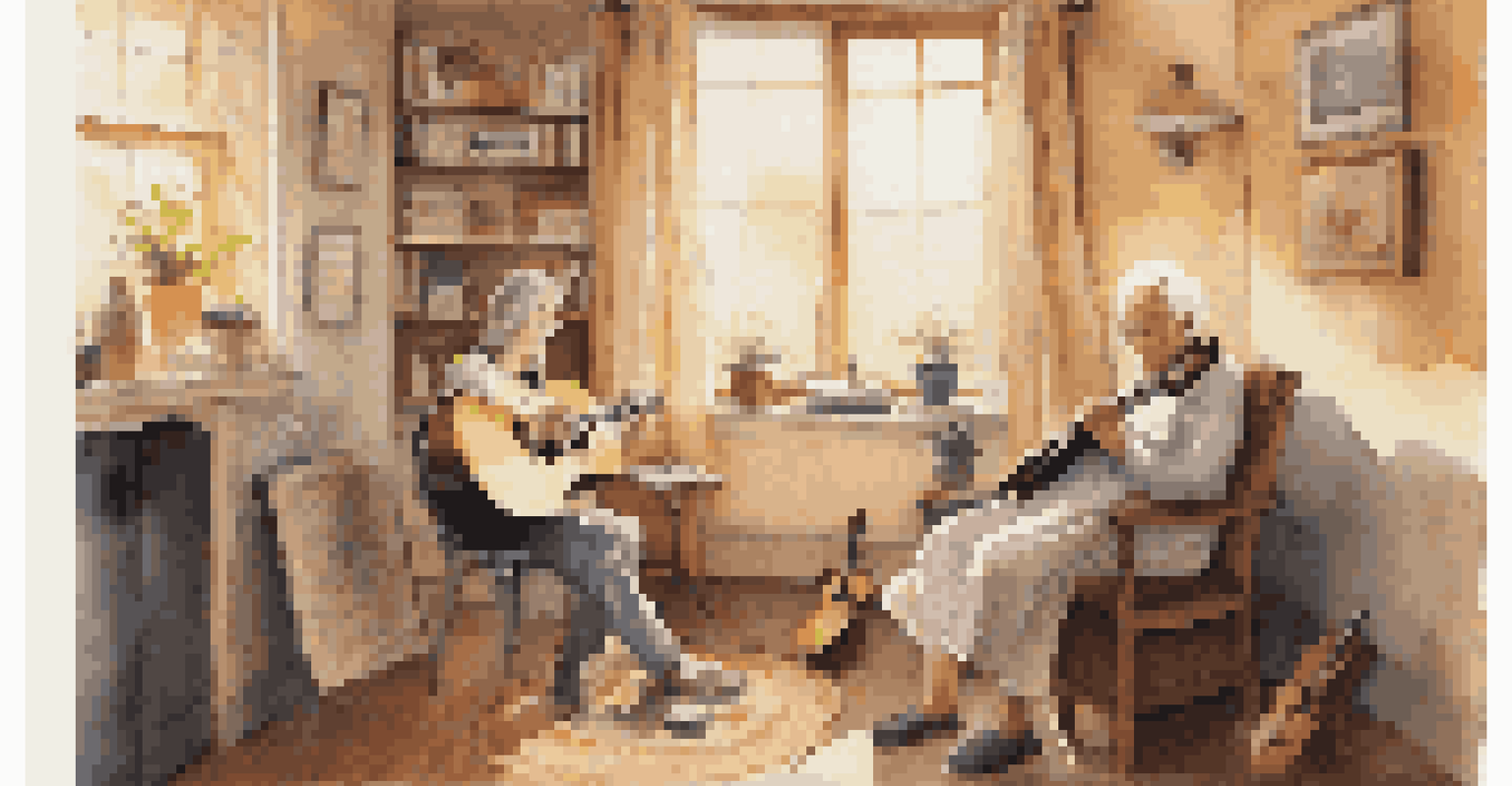 A music therapist playing guitar for an elderly patient in a cozy room filled with musical instruments, showcasing a therapeutic moment.
