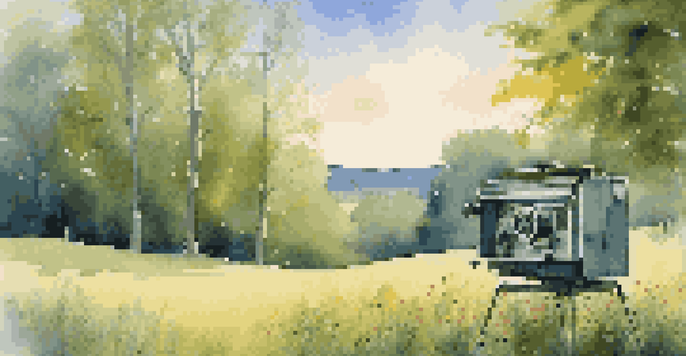 A picturesque meadow with wildflowers, an old film projector casting light on a movie reel, under a bright blue sky.