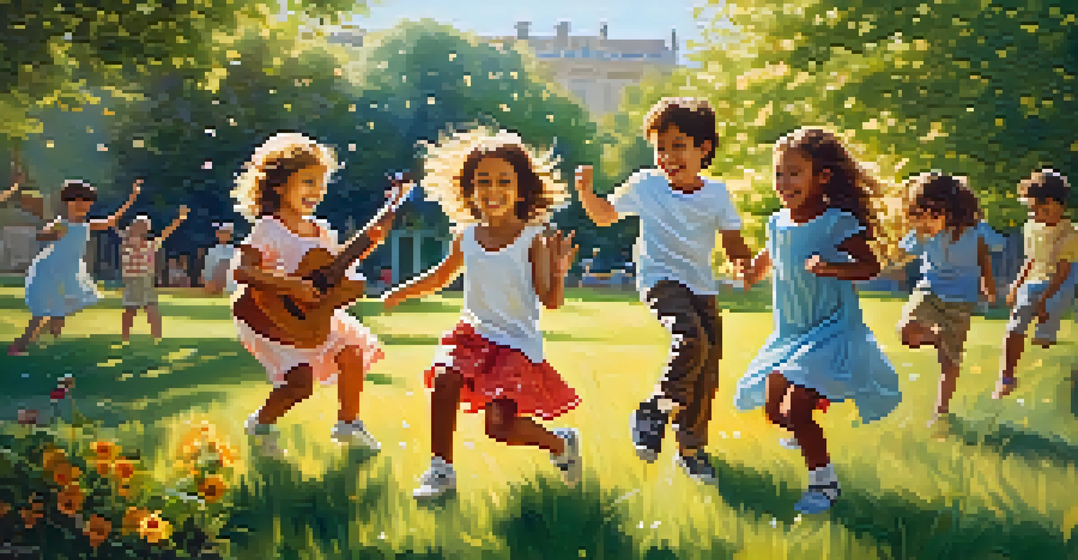 Children dancing in a park, one playing guitar, surrounded by nature and joy.