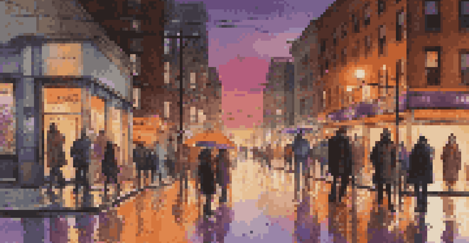 A lively city street at dusk with people and colorful neon reflections.