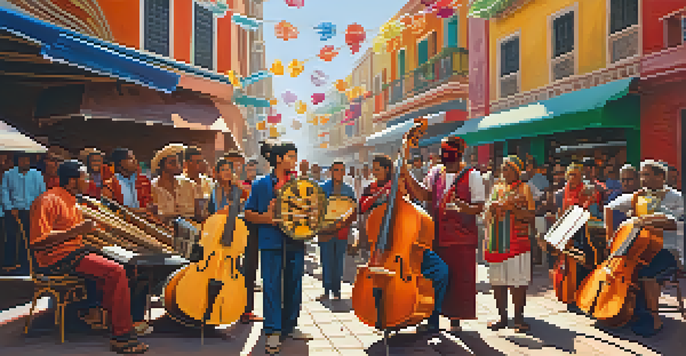 A colorful street scene with musicians playing traditional instruments, surrounded by a lively crowd and vibrant street art.