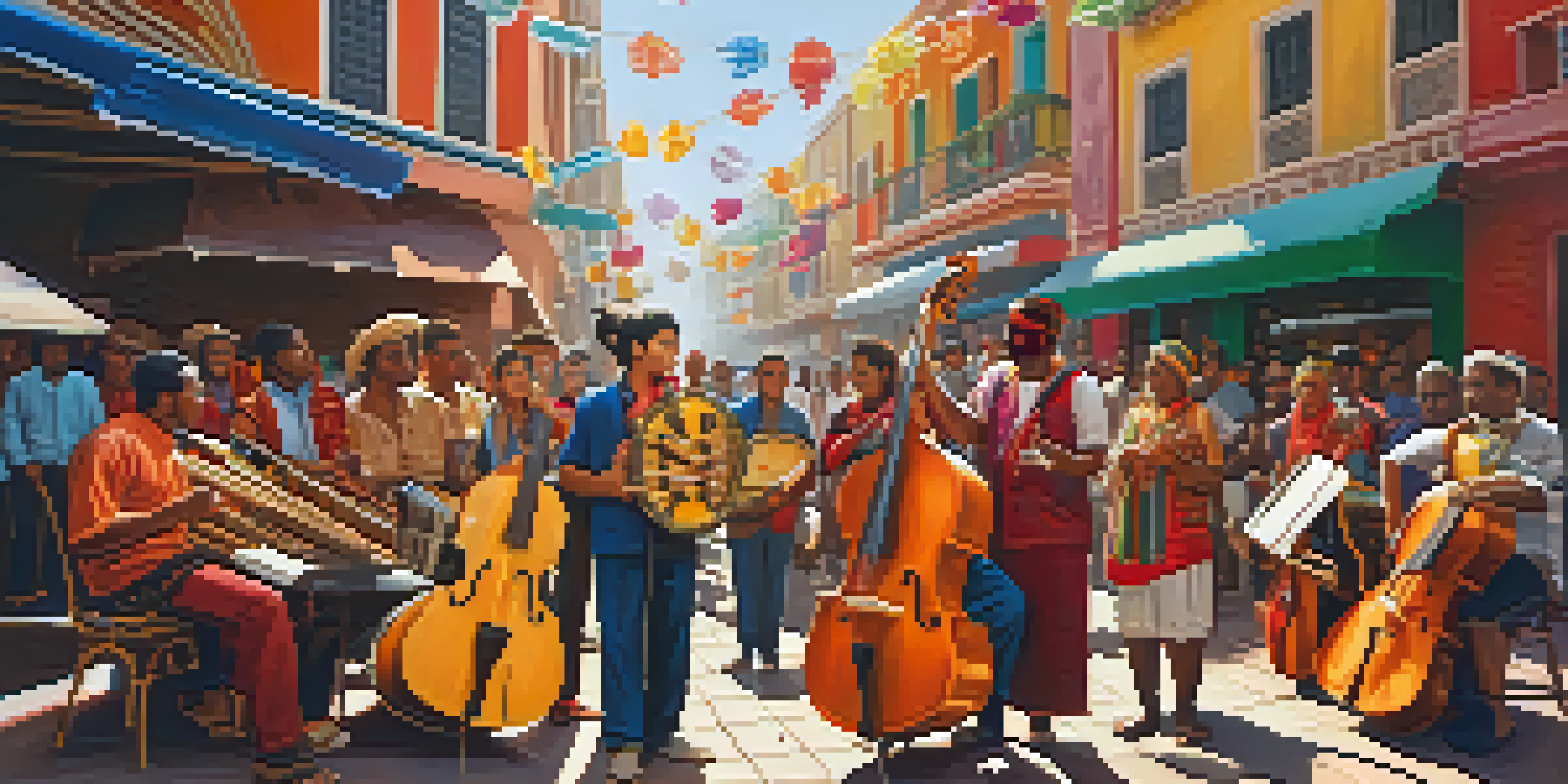 A colorful street scene with musicians playing traditional instruments, surrounded by a lively crowd and vibrant street art.