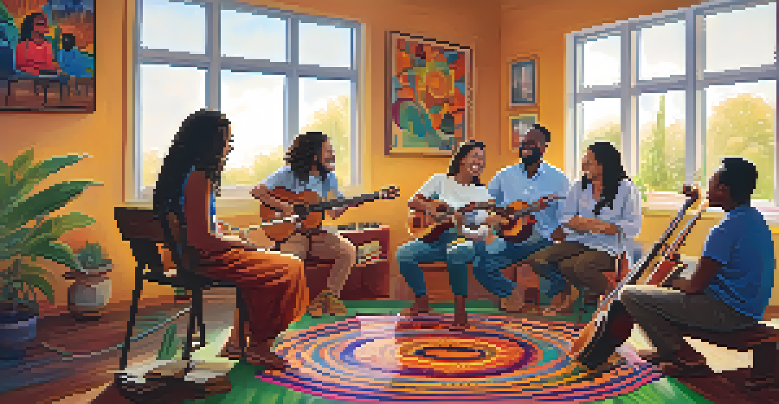 A diverse group of people participating in a lively music therapy session, playing instruments and enjoying each other's company in a colorful room.