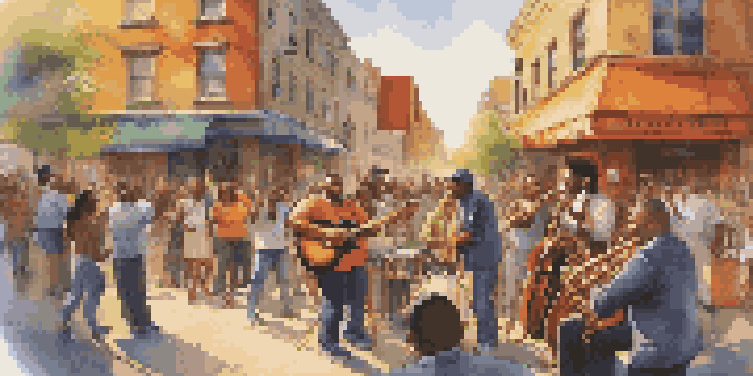 A lively street performance featuring a jazz band and a hip-hop artist, surrounded by colorful graffiti and an engaged audience.