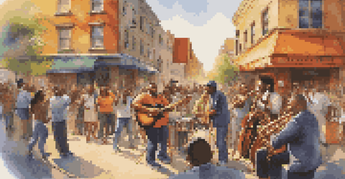 A lively street performance featuring a jazz band and a hip-hop artist, surrounded by colorful graffiti and an engaged audience.