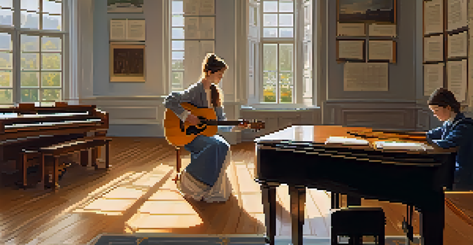 A music classroom with a classical guitar and grand piano, sunlight pouring in, and a student practicing under a teacher's guidance.