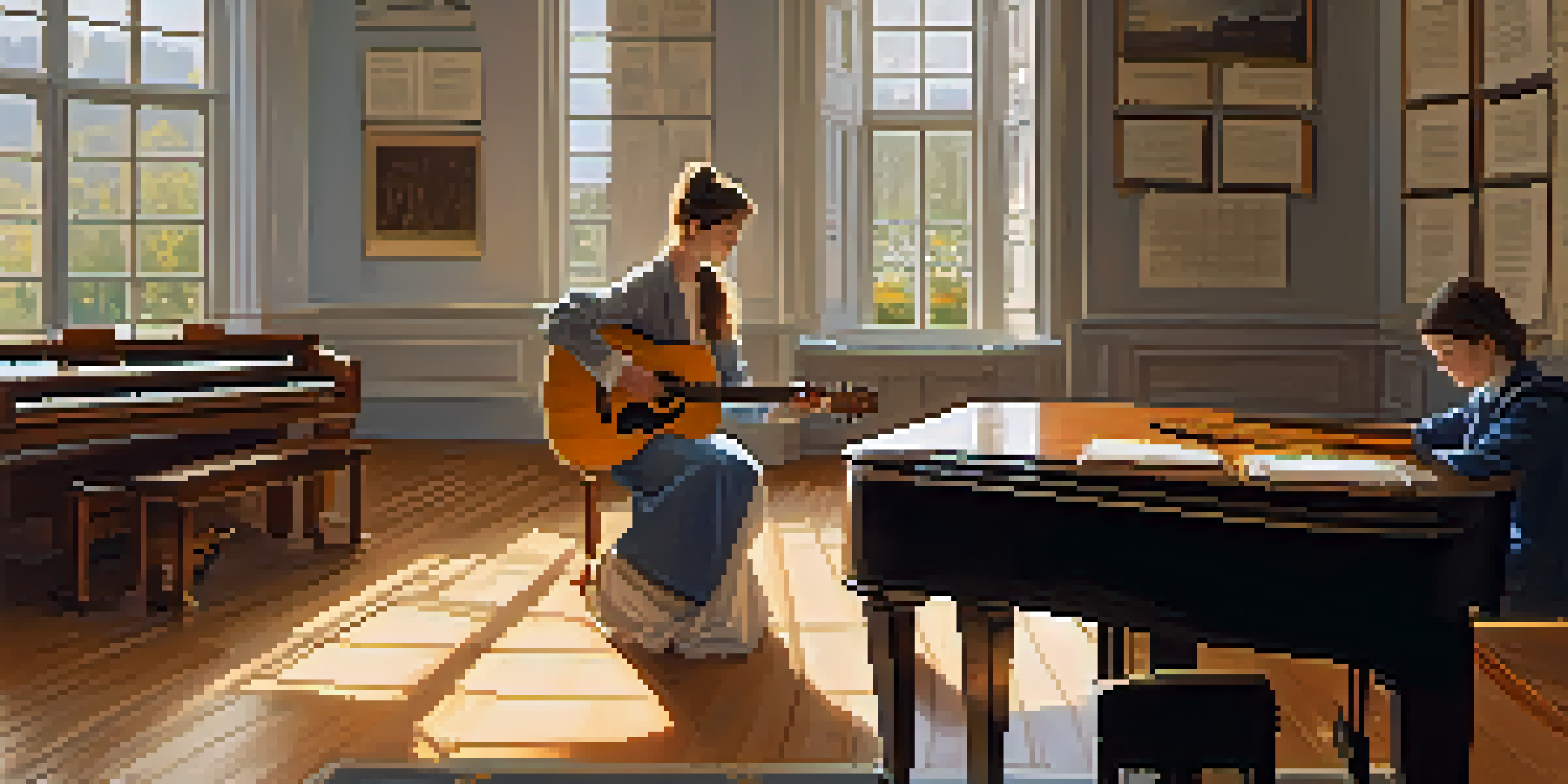 A music classroom with a classical guitar and grand piano, sunlight pouring in, and a student practicing under a teacher's guidance.