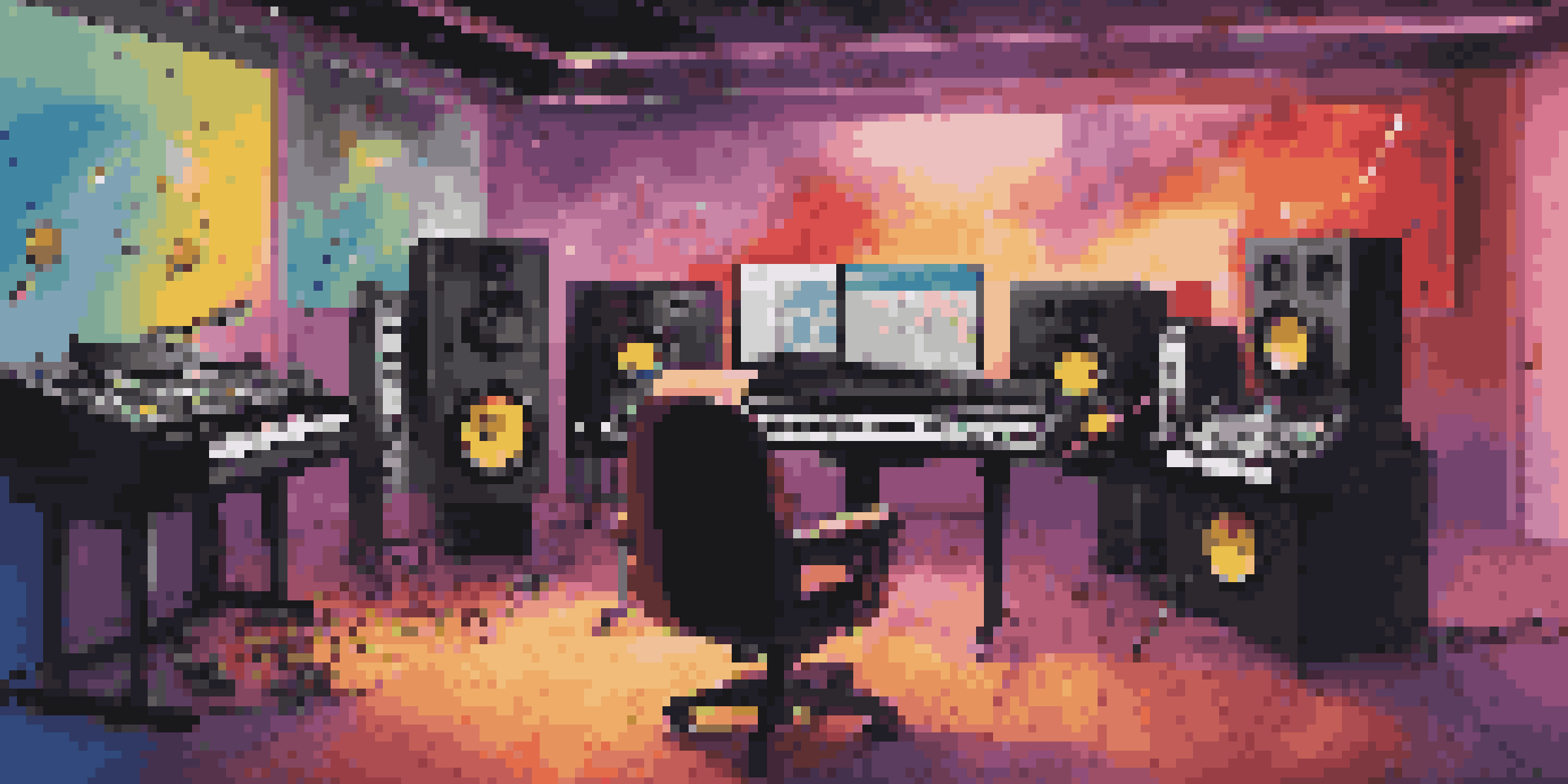 A lively music studio with various instruments and AI software on screens, illuminated by warm lighting.