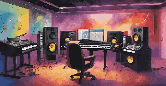A lively music studio with various instruments and AI software on screens, illuminated by warm lighting.