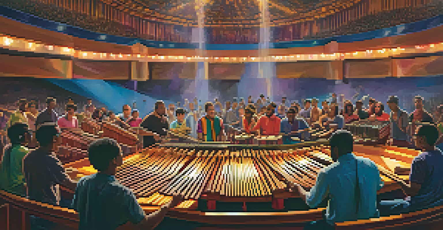 A diverse group of musicians performing together, featuring a marimba at the center, with colorful stage lights and an engaged audience.