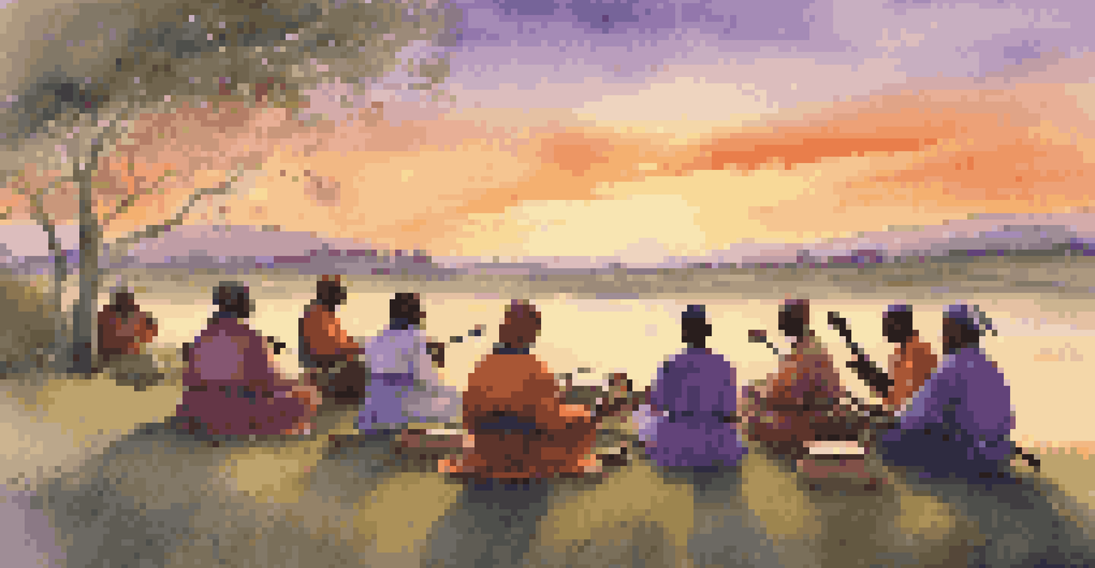 A group of people gathered on a hill playing music together during sunset, creating a sense of unity.